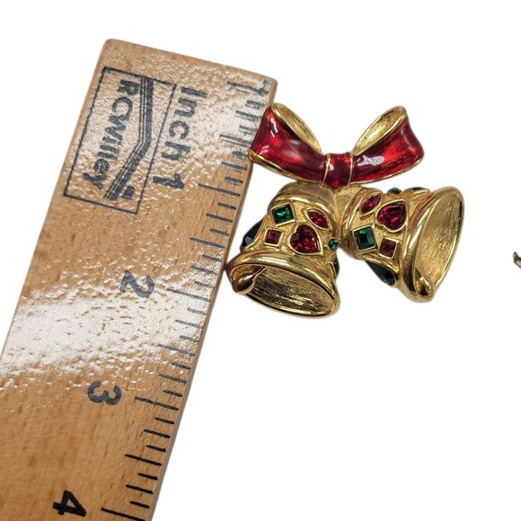 Vintage Bell Brooch With Red Bow & Rhinestones Gold-Tone Holiday Pin 2 Inches - Picture 4 of 4
